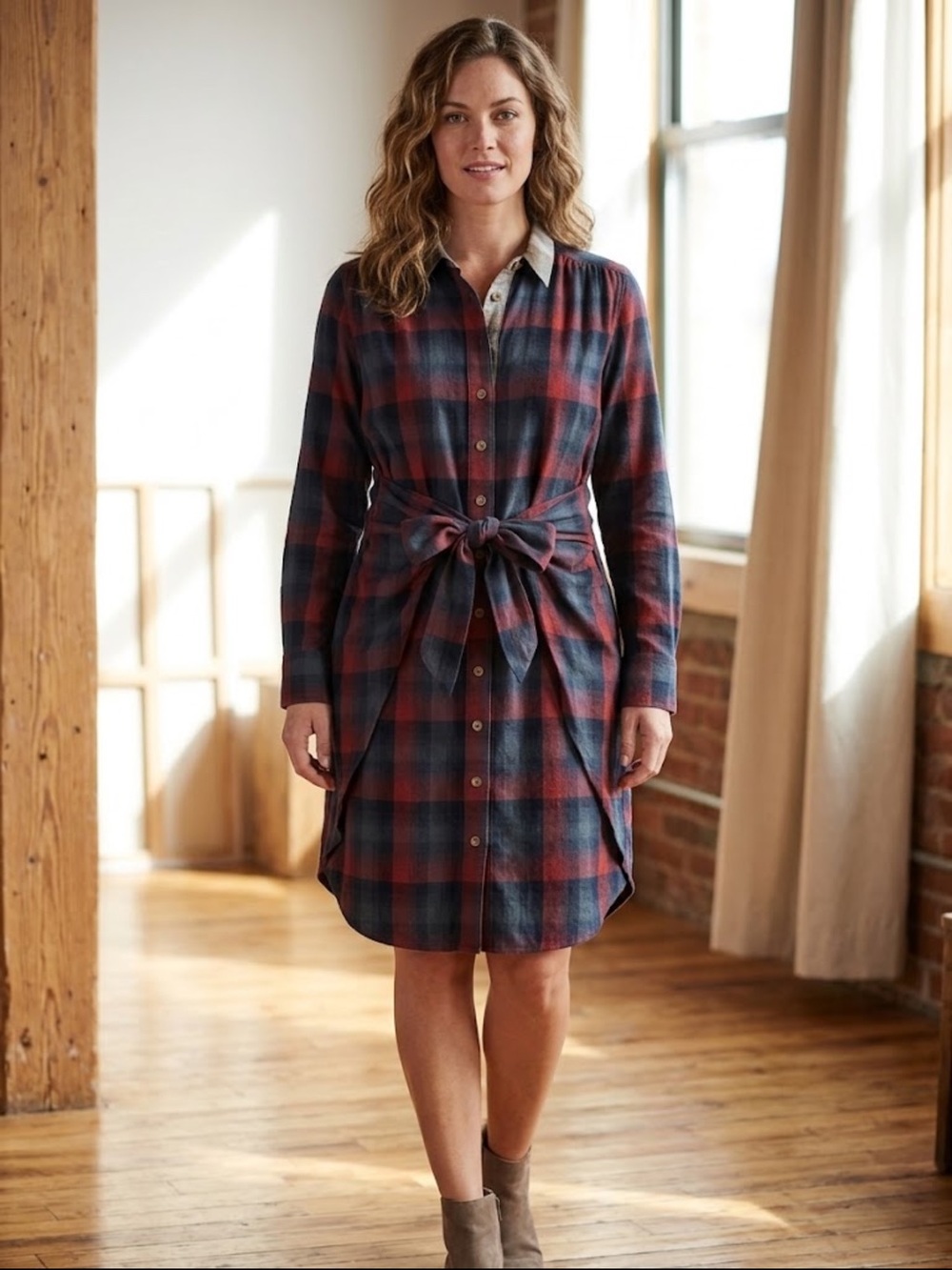Royal Robbins Red & Navy Plaid Midi Shirt Dress with Waist Tie